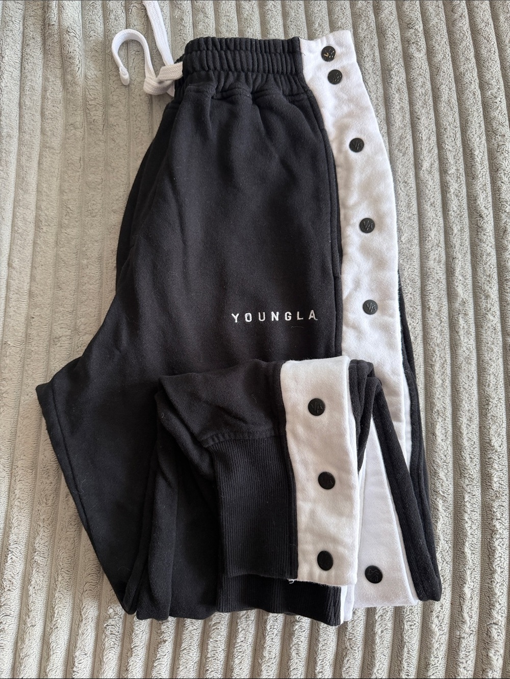 YoungLA Black Sweatpants with White Snap-Trim